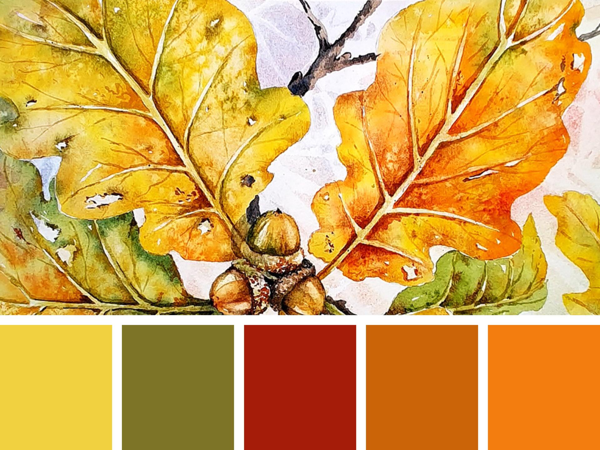 "Autumn Oak & Acorns" in Watercolor